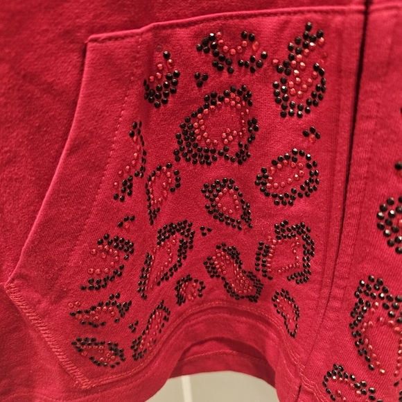 Quacker Factory Red Rhinestone Zip Hoodie Top M Floral Hood A225701 - Picture 2 of 11